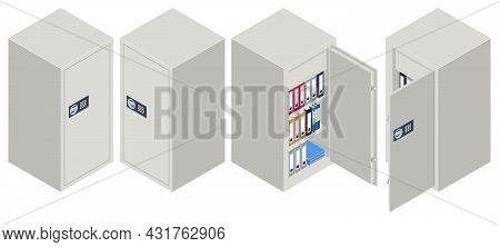 Isometric Set Of Security Metal Safes Isolated On White Background. Safe And Financial Security. Met