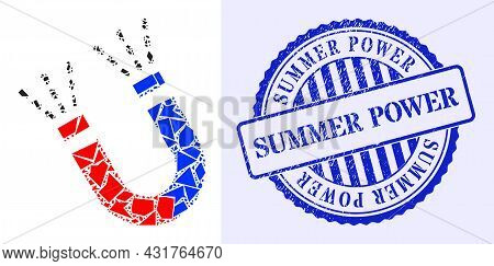 Debris Mosaic Magnet Force Icon, And Blue Round Summer Power Scratched Seal With Caption Inside Roun