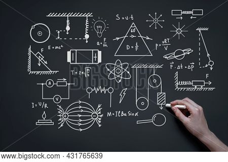 Hand Writes With Chalk On A Blackboard Formulas, Graphs And Draws Diagrams, The Concept Of Study, Sc