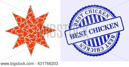 Shatter Mosaic Eight Pointed Star Icon, And Blue Round Best Chicken Grunge Stamp Imitation With Tag 