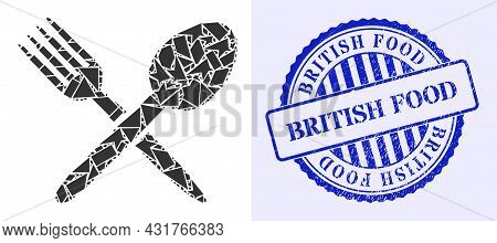 Shatter Mosaic Spoon And Fork Icon, And Blue Round British Food Rubber Stamp Seal With Word Inside R