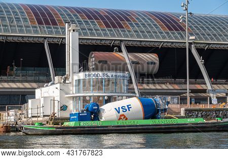 Amsterdam, Netherlands - August 15, 2021: Closeup Of Blue-white Cement Mill Installed On Barge Docke