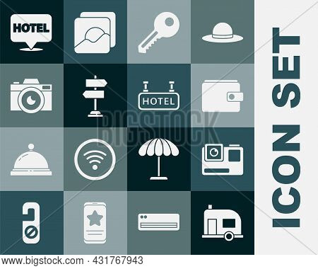 Set Rv Camping Trailer, Action Extreme Camera, Wallet, Key, Road Traffic Sign, Photo, Location Hotel