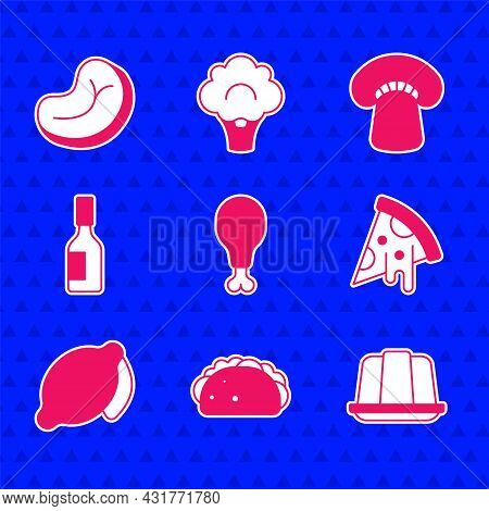 Set Chicken Leg, Taco With Tortilla, Jelly Cake, Slice Of Pizza, Lemon, Tabasco Sauce, Mushroom And 