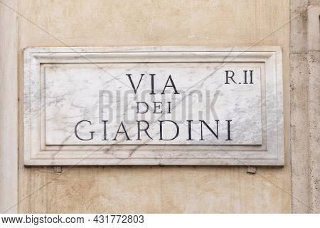 Marble Plate With Street Name Via Del Parlamento- Engl: Parliament Street - At The Wall In Rome, Ita