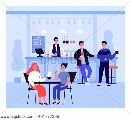 Young People Resting In Coffee Shop, View From Hall. Flat Vector Illustration. Barista Serving Girls