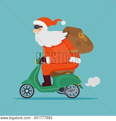 Santa Claus Rides Vintage Green Motor Scooter With Backbag Of Presents. Christmas Holiday Greeting C