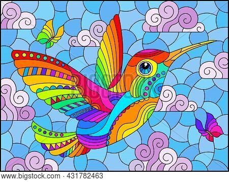 An Illustration In The Style Of A Stained Glass Window With A Bright Cartoon Hummingbird Bird On A B
