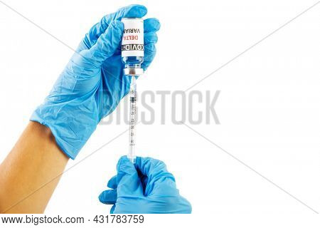 Vaccine bottles covid - 19 delta variant, vials medicine and syringe injection isolated on white. Coronavirus DELTA 2019-ncov.
