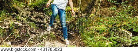 Free Traveler Girl In Mountains With Backpack Mountaineering Travel Lifestyle Concept Landscape On B