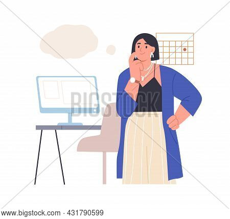 Happy Employee Thinking, Creating Ideas, Coming Up With Insights And Solutions At Work. Thoughtful C