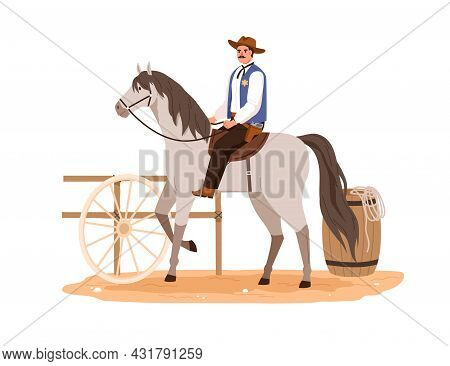 Western Cowboy In Hat Sitting Horseback And Riding. Wild West Horseman On Horse Back. American Rodeo