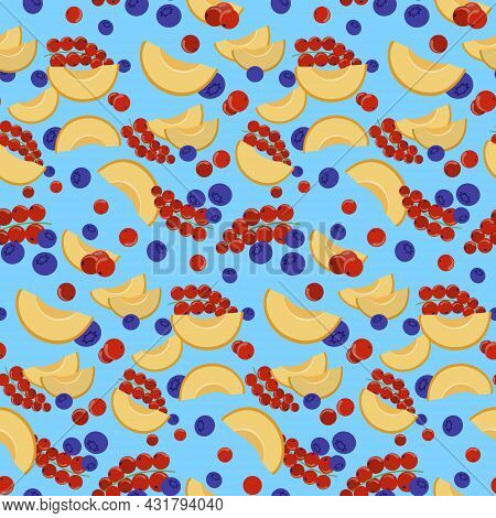 Seamless Pattern With Apricots Wedges, Currant And Blueberries. Fruit Berry Background. Design For F