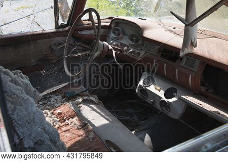 View Into The Interior Of A Rotten Forgotten Car
