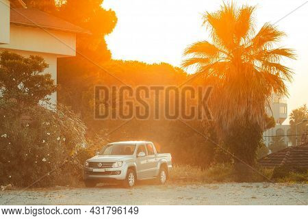 Kusadasi, Turkey - September 12, 2019: Gray Volkswagen Amarok Pickup Truck Parked In Countryside Dur