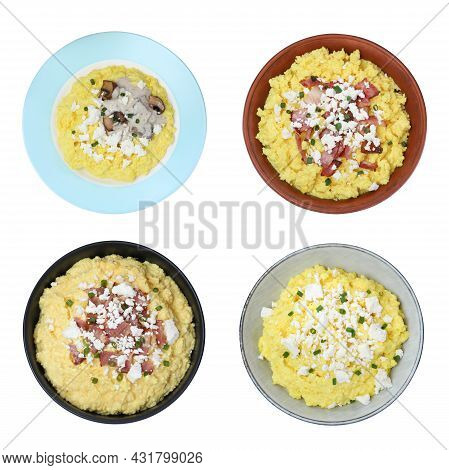 Set With Delicious Traditional Banosh On White Background, Top View