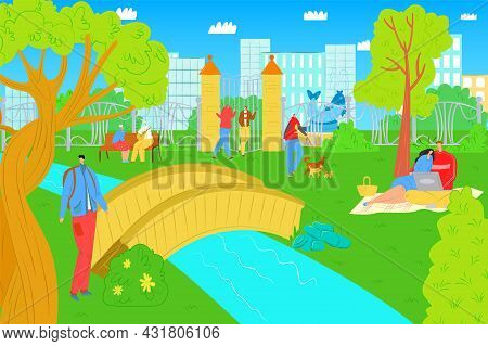 Outdoor Park With People, Vector Illustration. Man Woman Character Rest In Park, Leisure For City Li