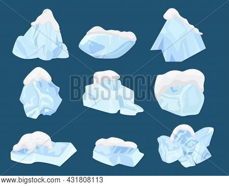 Cold Ice Set, Winter Frost , Vector Illustration. Crystal Blue Block Design, Freeze Water Collection