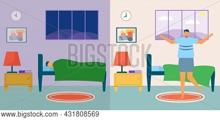 Wakeup Man, Vector Illustration. Young Male Character Rest In Bed, Person Sleep At Night, Bedroom Wi
