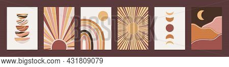 Set Of Minimalist Geometric Boho Wall Decor Prints. Abstract Posters For Modern Bohemian Esthetic In