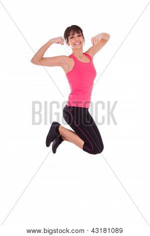Peso pérdida Fitness mujer saltando de alegría