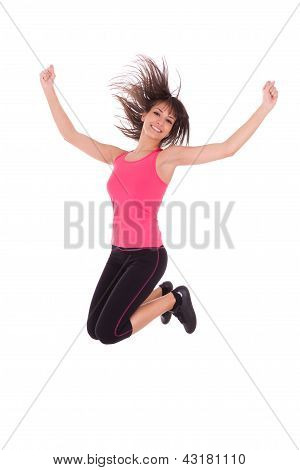 Peso pérdida Fitness mujer saltando de alegría