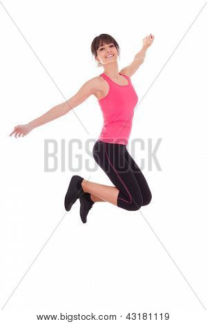 Peso pérdida Fitness mujer saltando de alegría