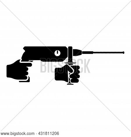 Electric Rotary Hammer Drill In Hand Holding Tool Use Arm Using Power Tool Icon Black Color Vector I