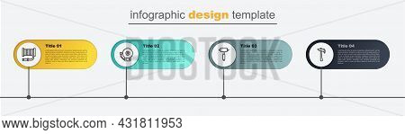 Set Line Firefighter Axe, , Ringing Alarm Bell And Hose Reel. Business Infographic Template. Vector
