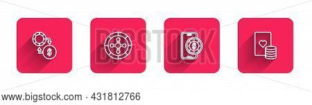 Set Line Casino Chips Exchange On Money, Roulette Wheel, Online Poker Table Game And And Playing Car