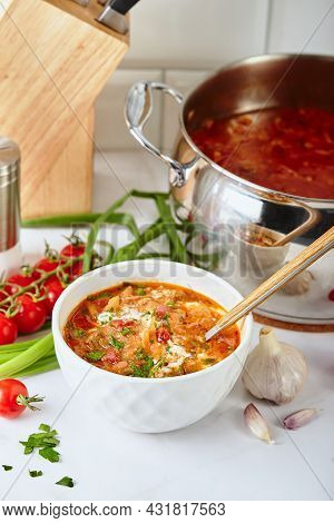 Ukrainian And Russian Traditional Red Beet Soup Borsch, Made From Beets, Cabbage, Potatoes, Beef And