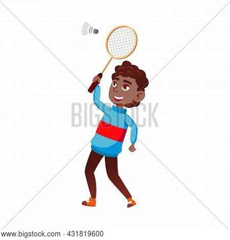 Schoolboy Playing Badminton On Playground Vector. African Happy School Boy Play Badminton With Racqu