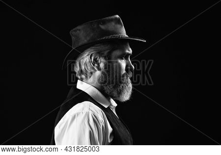 Mature Cowboy. Detective Acknowledgement Or Greeting. Trilby Hat. Man In Vintage Style Wide Brimmed 