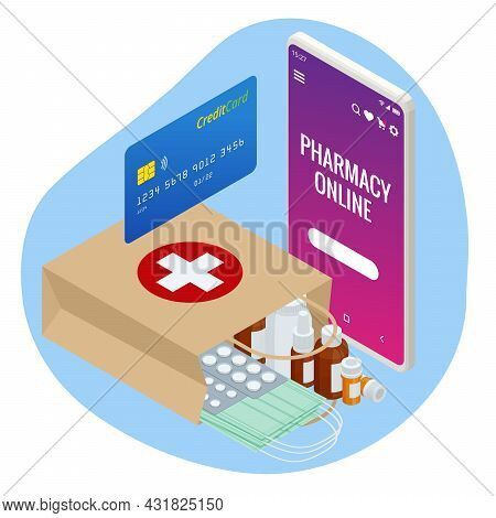 Isomtric Buy Medicaments And Drugs Online. Healthcare Online Pharmacy App. Concept Online Drugstore.