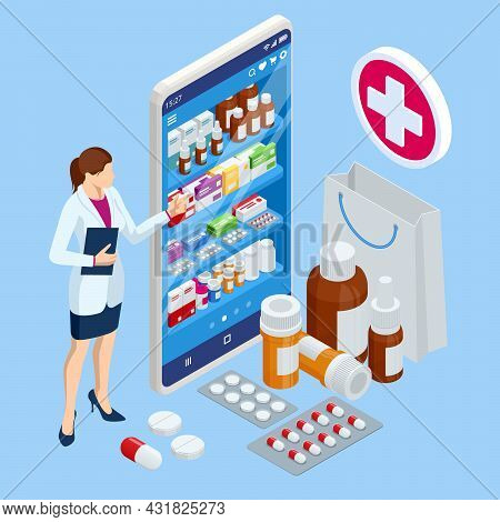Isomtric Buy Medicaments And Drugs Online. Healthcare Online Pharmacy App. Concept Online Drugstore.