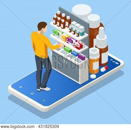Isomtric Buy Medicaments And Drugs Online. Healthcare Online Pharmacy App. Concept Online Drugstore.