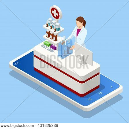 Isomtric Buy Medicaments And Drugs Online. Healthcare Online Pharmacy App. Concept Online Drugstore.