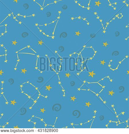 Seamless Patterns Of 12 Zodiac Signs. Vector Illustration Of The Horoscope Of The Constellation.