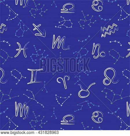 Seamless Patterns Of 12 Zodiac Signs. Vector Illustration Of The Horoscope Of The Constellation.