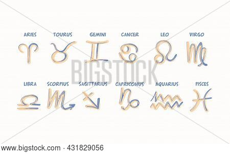Zodiac Signs Set Isolated On A White Background. Signs Of A Star For An Astrological Horoscope.