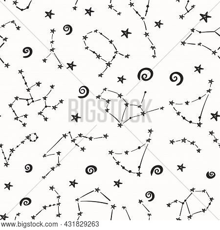 Seamless Patterns Of 12 Zodiac Signs On A White Background. Vector Illustration