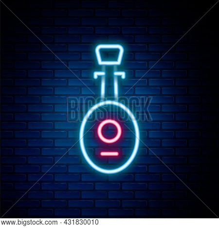 Glowing Neon Line Musical Instrument Lute Icon Isolated On Brick Wall Background. Arabic, Oriental, 