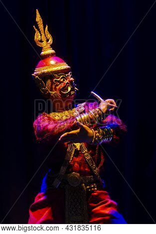Lakhon Khol Khmer Masked Dance Performer In Costume At Phnom Penh Cambodia Theater Stage