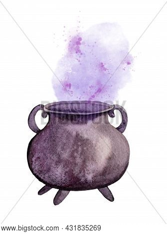 Watercolor Witch Cauldron. Hand Painted Illustration Of Caldron With Magic Potion For Halloween Clip