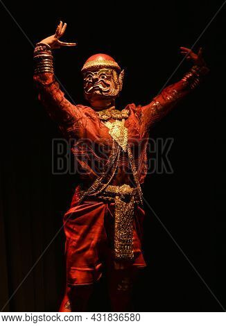 Lakhon Khol Khmer Masked Dance Performer In Costume At Phnom Penh Cambodia Theater Stage