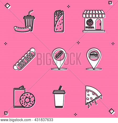 Set Soda And Hotdog, Burrito, Pizzeria Building Facade, Hotdog Sandwich, Location With, Burger, Alum