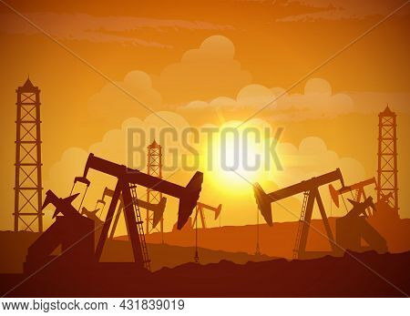 Silhouette Of An Oilfield Derrick Industrial Machine For Drilling At Sunset Background Vector Illust