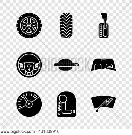 Set Car Wheel, Tire, Gear Shifter, Speedometer, Windscreen Wiper, Steering And Door Handle Icon. Vec