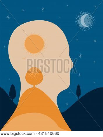 An Illustration Of A Person With A Daytime Landscape Inside Their Head Walking Outside At Night. Vec