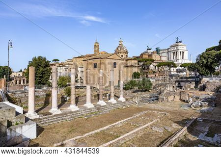 View To Forum Romanum In Rome With Corinthian Columns In Rome, Italy